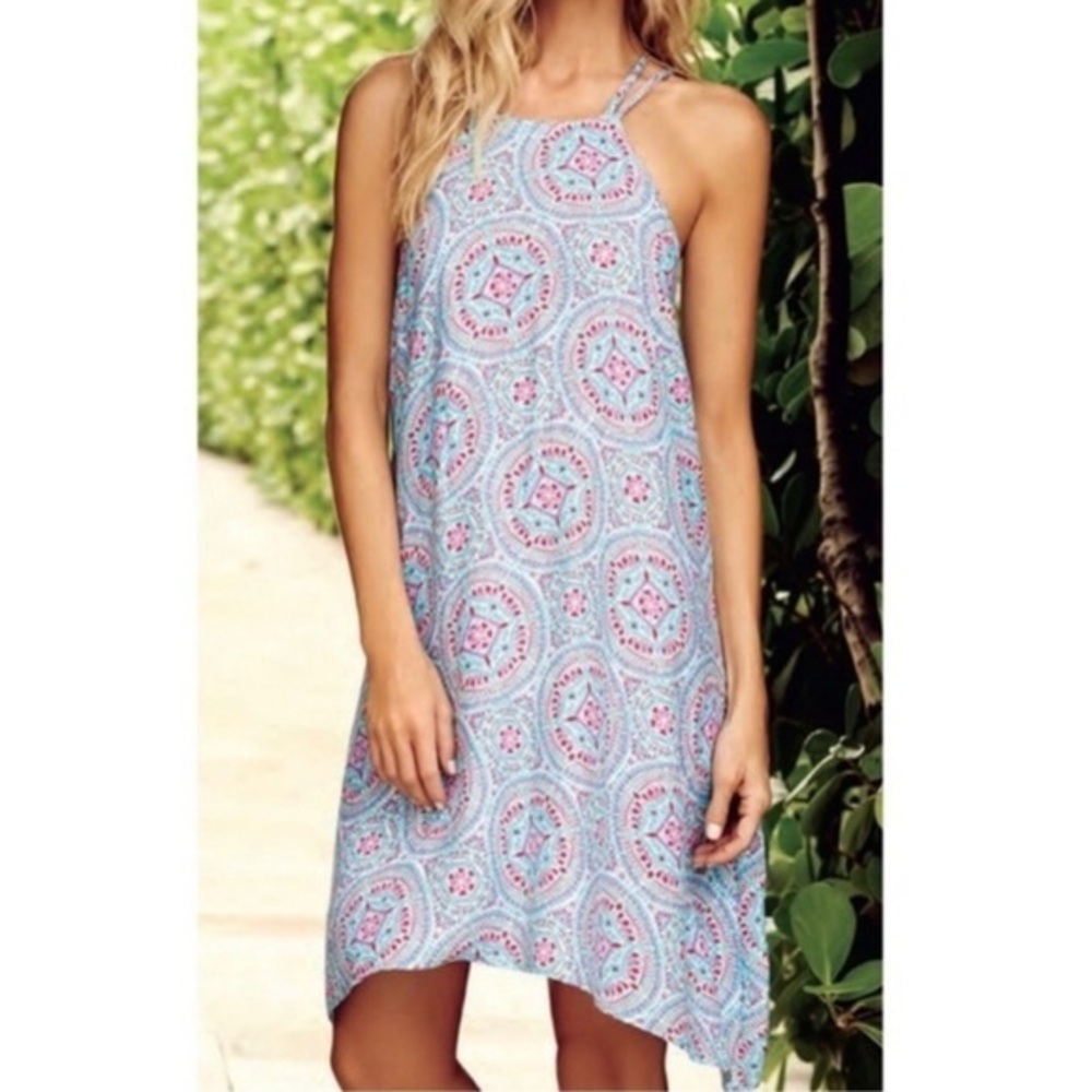 Helen Jon Light Blue and Pink Asymmetrical Halter Dress